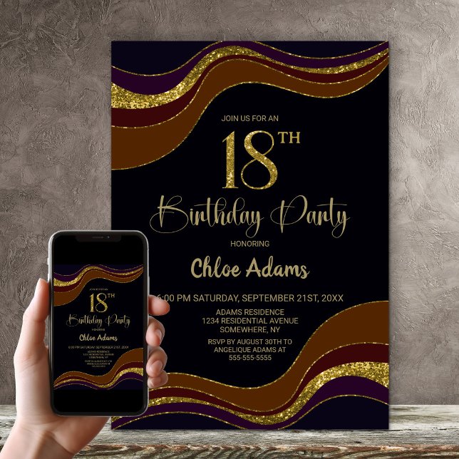 Invitación Purpurina de Oro Negro 18ª fiesta de cumpleaños (Subido por el creador)