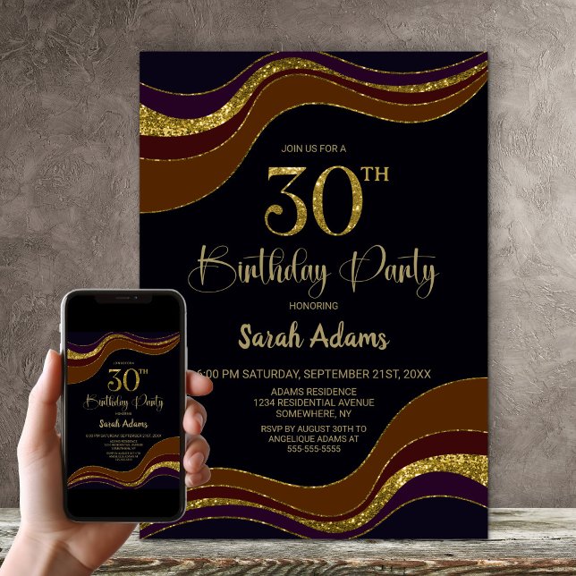 Invitación Purpurina de oro negro 30 Fiesta de cumpleaños (Subido por el creador)