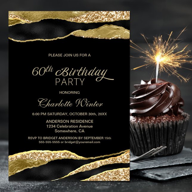 Invitación Purpurina de Oro Negro 60. Fiesta de cumpleaños (Subido por el creador)