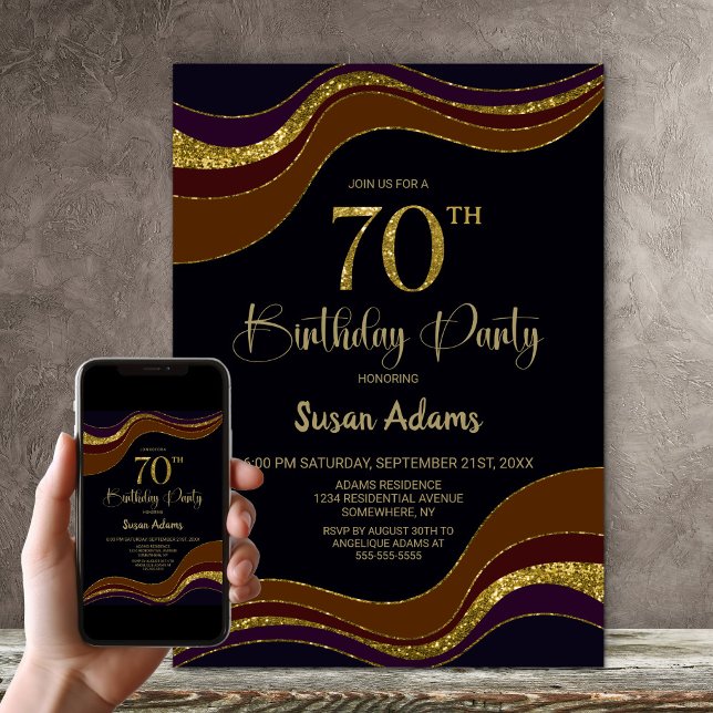 Invitación Purpurina de Oro Negro 70.ª fiesta de cumpleaños (Subido por el creador)