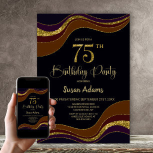 Invitación Purpurina de Oro Negro 75ª fiesta de cumpleaños