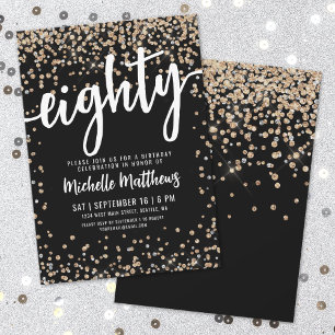 Invitación Purpurina de oro negro 80 cumpleaños