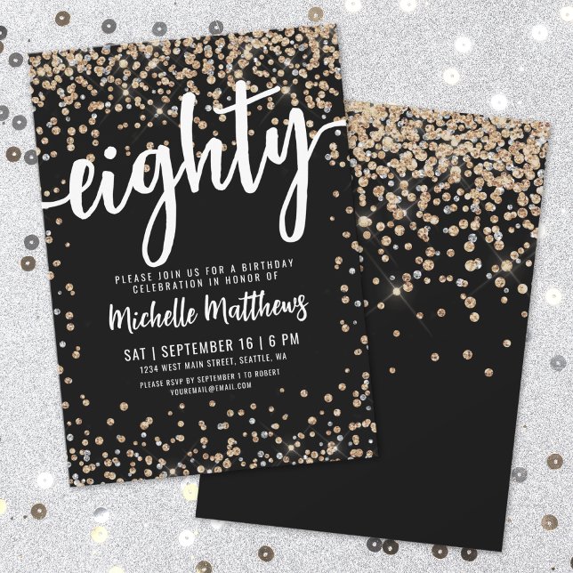 Invitación Purpurina de oro negro 80 cumpleaños (Black Gold Glitter 80th Birthday Invitation)