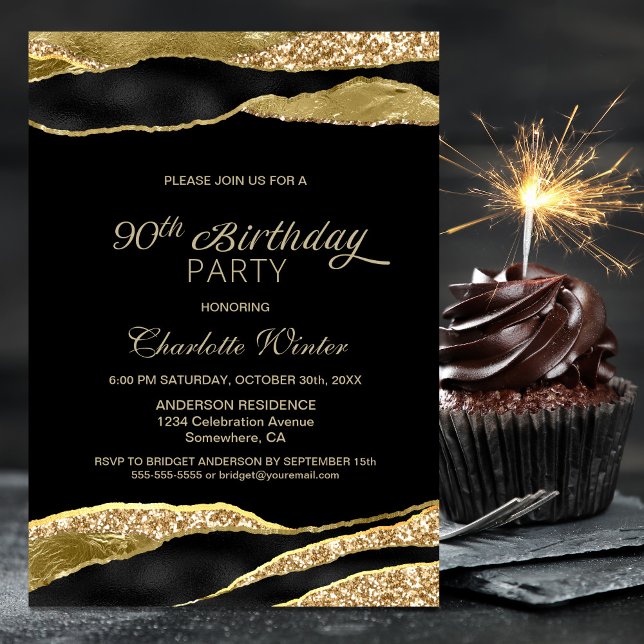 Invitación Purpurina de Oro Negro 90ª fiesta de cumpleaños (Subido por el creador)