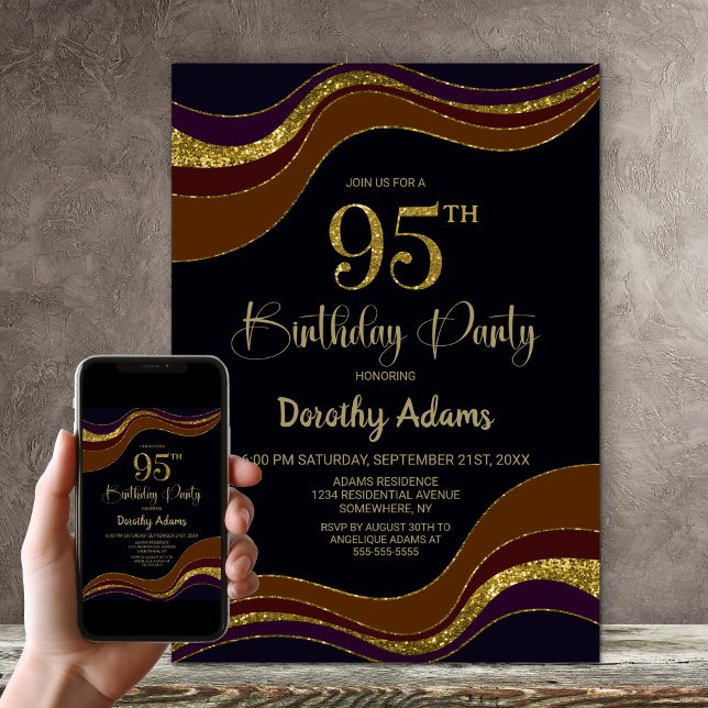 Invitación Purpurina de Oro Negro 95ª fiesta de cumpleaños (Subido por el creador)