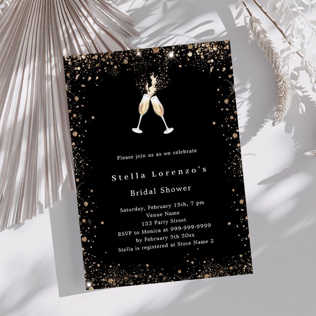 Invitación Purpurina de oro negro anima Bridal Shower (Subido por el creador)