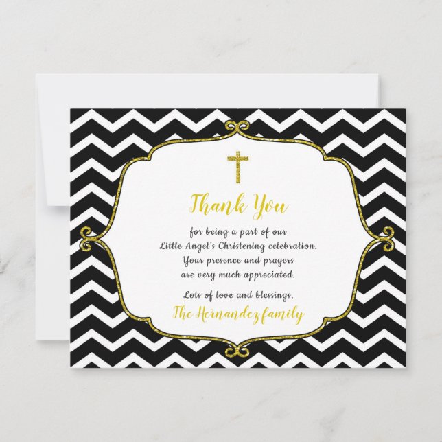 Invitación Purpurina de oro negro Baptism, nota de agradecimi (Anverso)