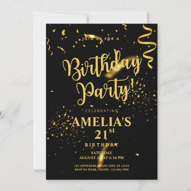 Invitación Purpurina de oro negro brillante Cumpleaños Fiesta (Anverso)
