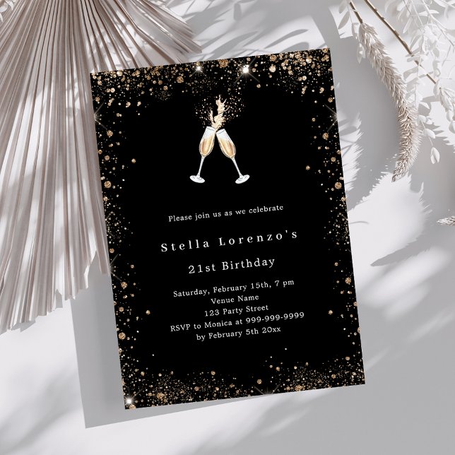 Invitación Purpurina de oro negro celebra cumpleaños de lujo (Subido por el creador)