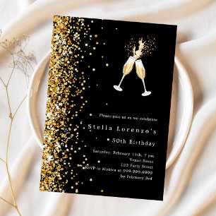 Invitación Purpurina de oro negro celebra su cumpleaños