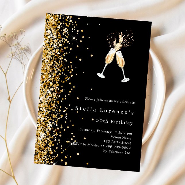Invitación Purpurina de oro negro celebra su cumpleaños (Subido por el creador)