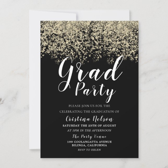 Invitación Purpurina de oro negro Chica Fiesta de graduación (Anverso)