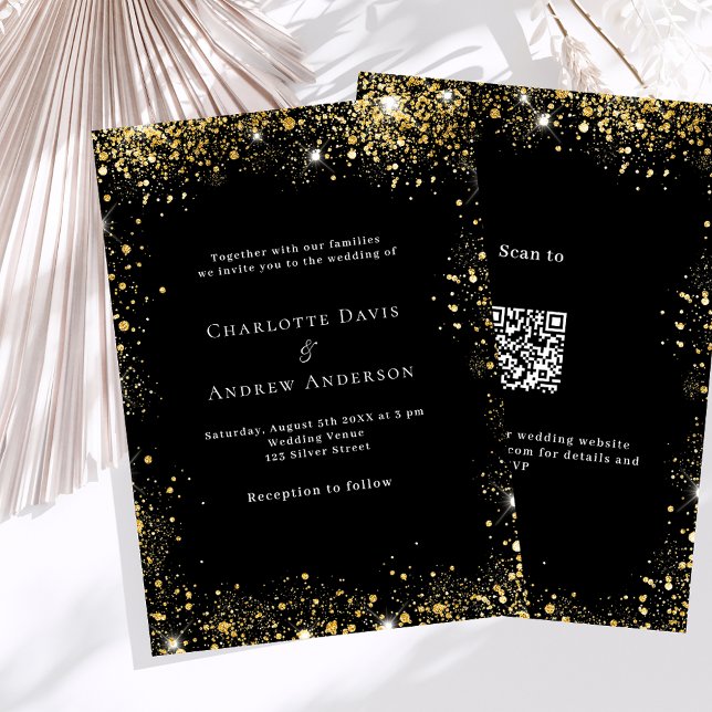 Invitación Purpurina de oro negro código QR boda de detalles  (Subido por el creador)