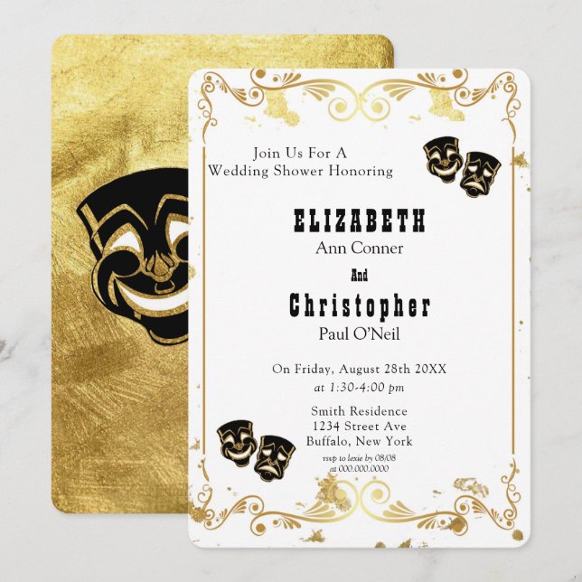 Invitación Purpurina de oro negro, comedia y ducha de matrimo (Anverso / Reverso)