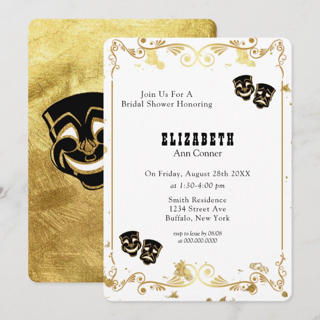 Invitación Purpurina de oro negro comedia y tragedia ducha de (Anverso / Reverso)