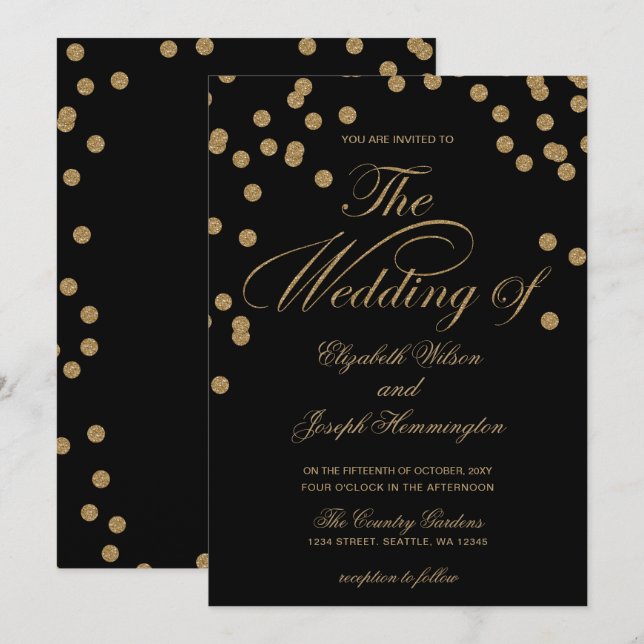 Invitación Purpurina de oro negro Confetti elegante boda (Anverso / Reverso)