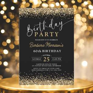 Invitación Purpurina de oro negro Cualquier cumpleaños a la e