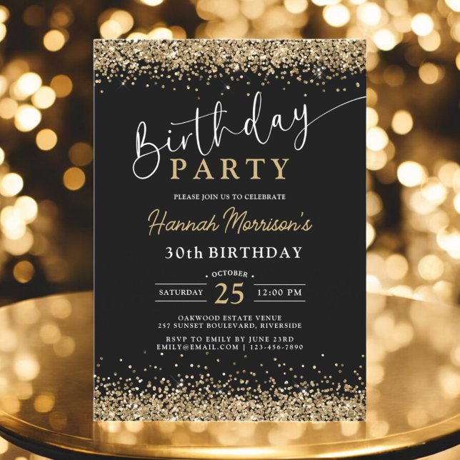 Invitación Purpurina de oro negro Cualquier cumpleaños de 30  (Subido por el creador)