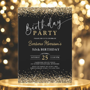 Invitación Purpurina de oro negro Cualquier cumpleaños de 50