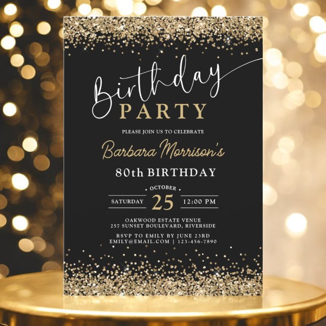 Invitación Purpurina de oro negro cualquier cumpleaños de eda (Subido por el creador)