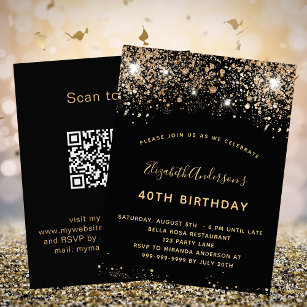 Invitación Purpurina de oro negro de cumpleaños código QR RSV