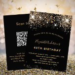 Invitación Purpurina de oro negro de cumpleaños código QR RSV<br><div class="desc">Una invitación moderna, elegante y glamurosa para una fiesta de cumpleaños número 40 (o cualquier edad). Un fondo negro decorado con un falso purpurina y un brillo. El nombre está escrito con un guión moderno de estilo con letras a mano de colores dorados. Personalice y agregue los detalles de su...</div>