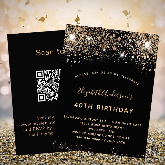 Invitación Purpurina de oro negro de cumpleaños código QR RSV (Subido por el creador)