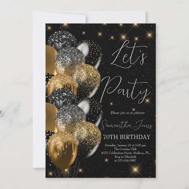 Invitación Purpurina de oro negro de cumpleaños de los globos (Anverso)
