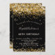 Invitación Purpurina de oro negro de cumpleaños glamoroso (Anverso / Reverso)