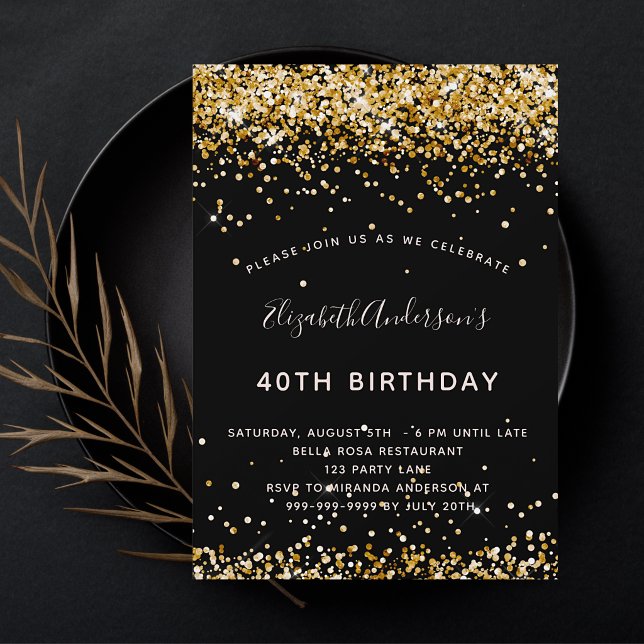 Invitación Purpurina de oro negro de cumpleaños glamoroso (Subido por el creador)