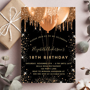 Invitación Purpurina de oro negro de cumpleaños gotea globos