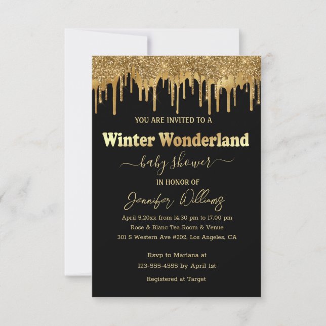 Invitación purpurina de oro negro de invierno ducha de bebé (Anverso)
