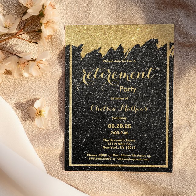Invitación Purpurina de oro negro de lujo Fiesta de Jubilació (Luxury black gold glitter Retirement Party)