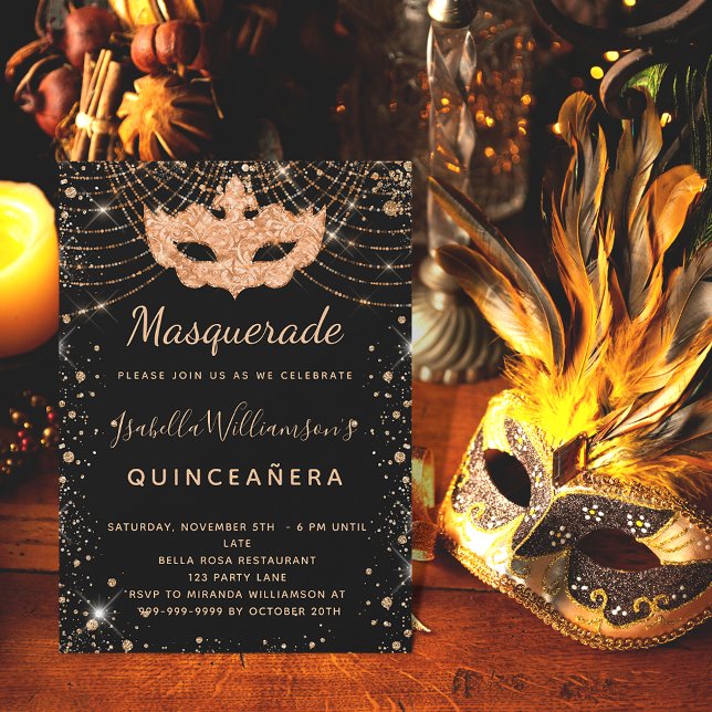 Invitación Purpurina de oro negro de mascarada de lujo Quince (Subido por el creador)