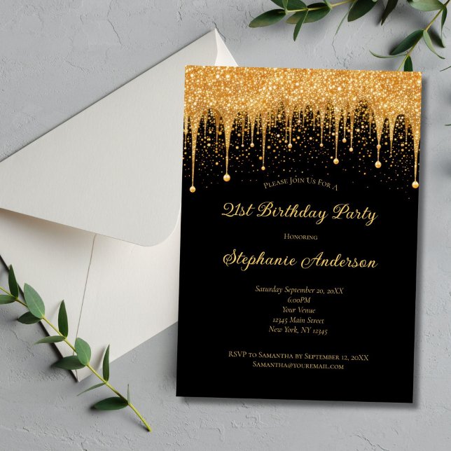Invitación Purpurina de Oro Negro de moda cumpleaños 21 (Black Gold Dripping Glitter 21st Birthday Invitation for her. Printed or Digital Download)
