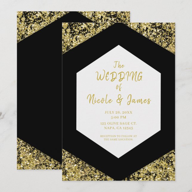Invitación Purpurina de oro negro de Moda moderna deja Boda d (Anverso / Reverso)