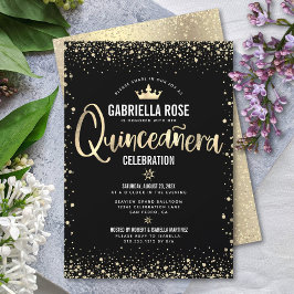 Invitación Purpurina de oro negro de Quinceañera Relieve meta