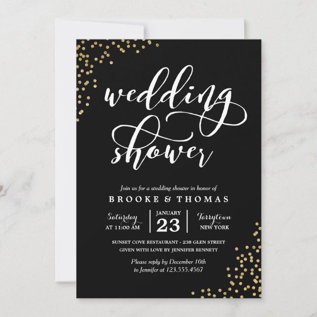 Invitación Purpurina de oro negro ducha de matrimonio confett (Anverso)