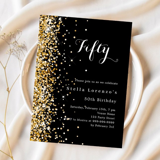 Invitación Purpurina de oro negro elegante cumpleaños (Subido por el creador)
