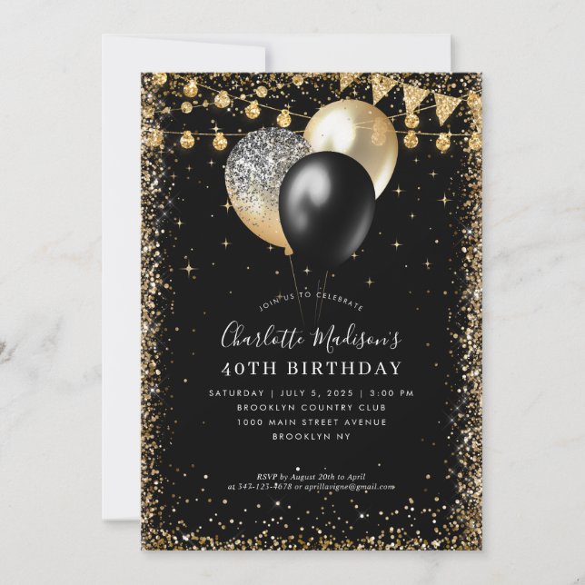 Invitación Purpurina de oro negro enciende globo cualquier cu (Anverso)