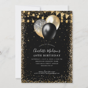 Invitación Purpurina de oro negro enciende globo cualquier cu