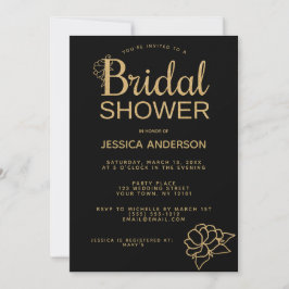 Invitación Purpurina de oro negro Floral Bridal Shower