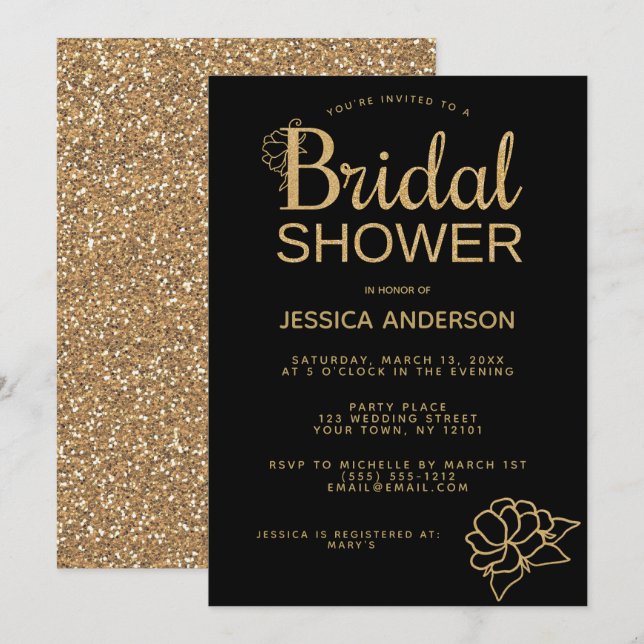 Invitación Purpurina de oro negro Floral Bridal Shower (Anverso / Reverso)