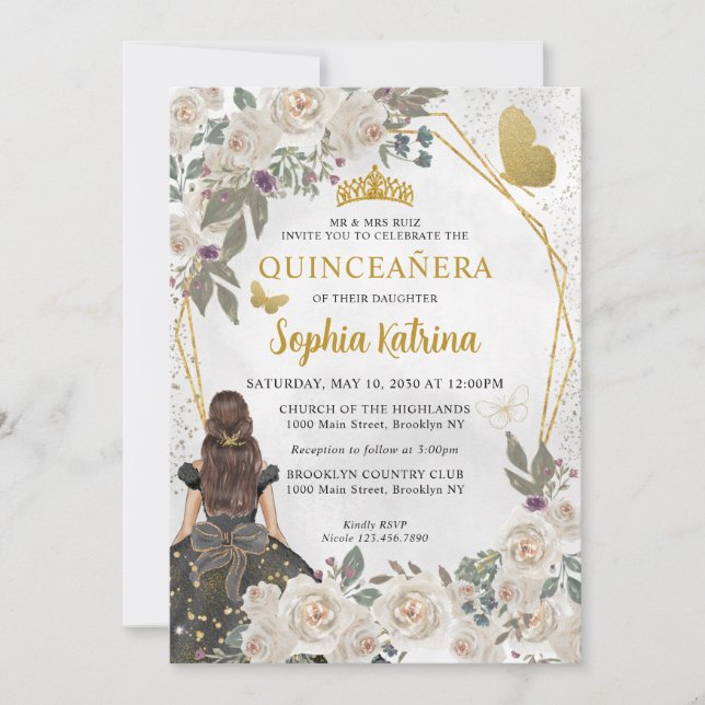 Invitación Purpurina de oro negro floral Princesa Quinceañera (Anverso)
