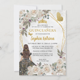 Invitación Purpurina de oro negro floral Princesa Quinceañera