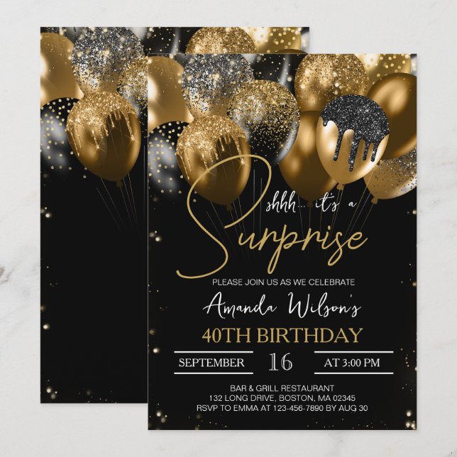 Invitación Purpurina de oro negro globos 40 cumpleaños sorpre (Anverso / Reverso)