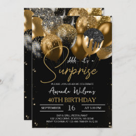 Invitación Purpurina de oro negro globos 40 cumpleaños sorpre
