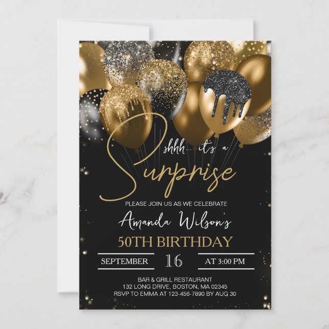Invitación Purpurina de oro negro globos 50 cumpleaños sorpre (Anverso)