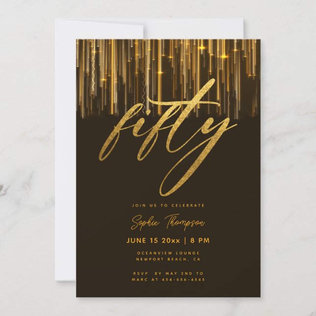 Invitación Purpurina de oro negro gotea elegante cumpleaños n (Anverso)