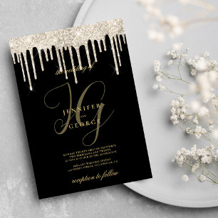 Invitación Purpurina de oro negro gotea iniciales en monogram